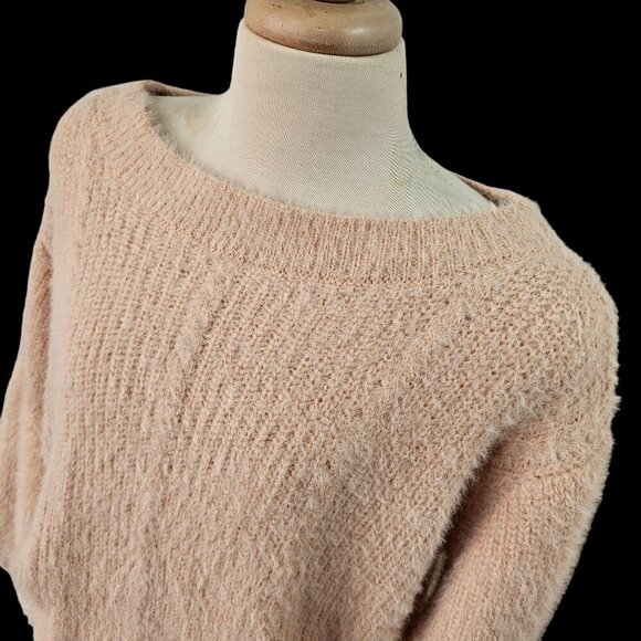Aakaa Fuzzy Pink Sweater Womens S Boatneck Balloon Slv Acrylic Poly Knit NWT - Picture 5 of 10
